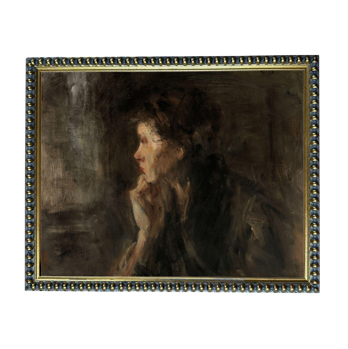 The image is a painting of a woman with a pensive expression, captured in a dark, moody style.