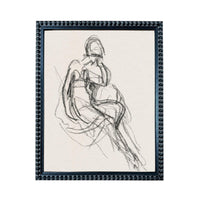The image is a framed drawing of a seated woman, depicting a sketch-like style.