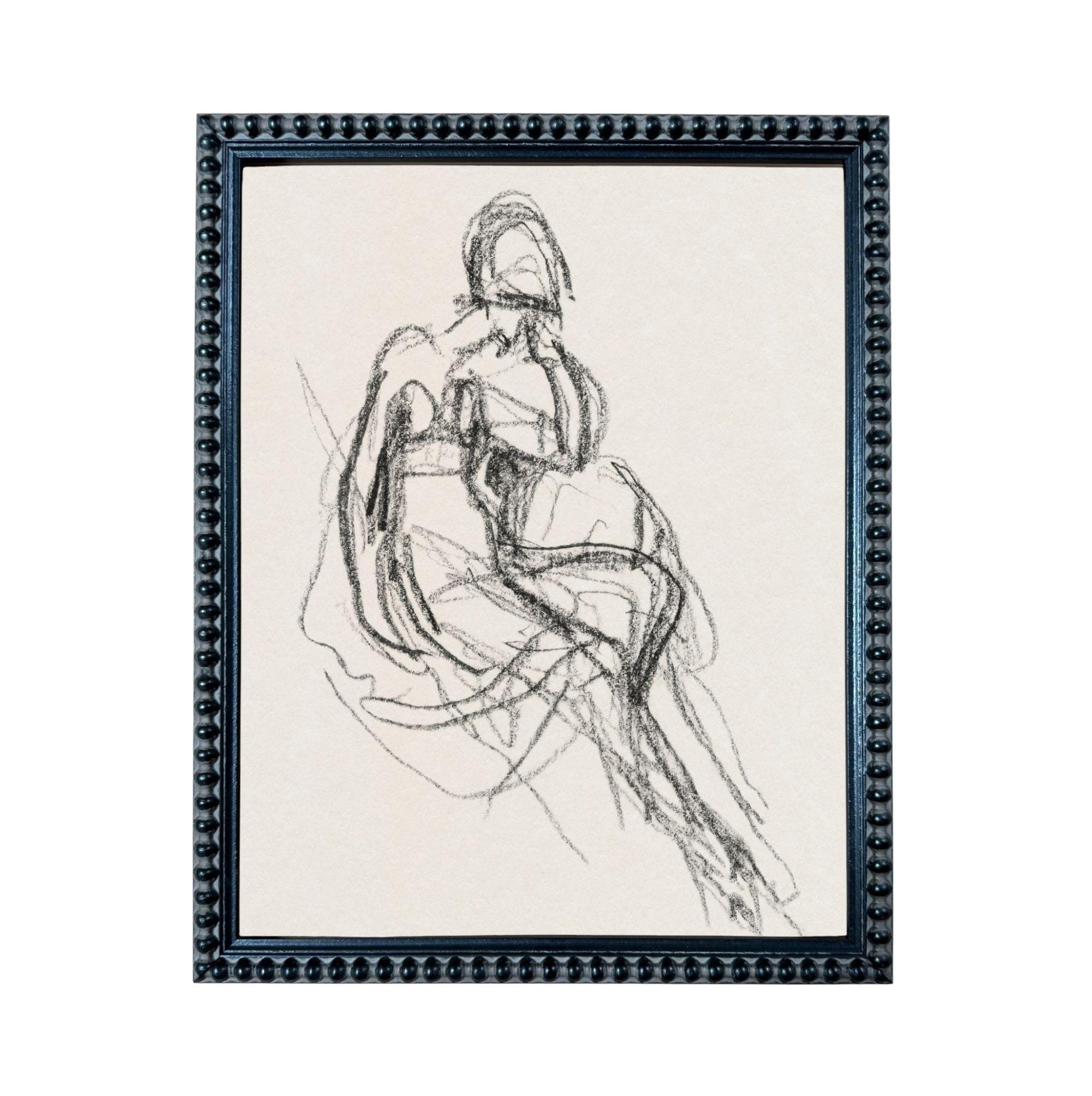 The image is a framed drawing of a seated woman, depicting a sketch-like style.