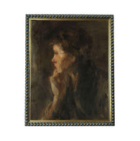 The image is a painting of a woman's profile, with a dark background and a contemplative expression.
