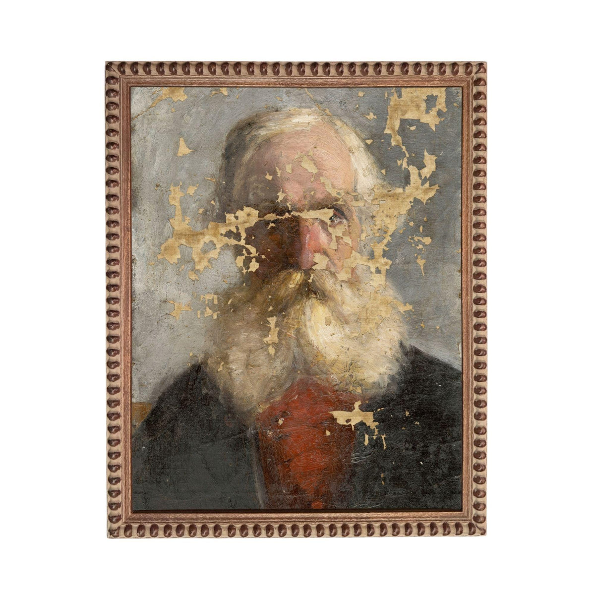 The image is a painting of an elderly man with a long white beard, wearing a red shirt. The painting is framed and appears to be in a vintage style.