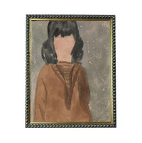 The image is a framed painting of a person with dark hair wearing a brown sweater.