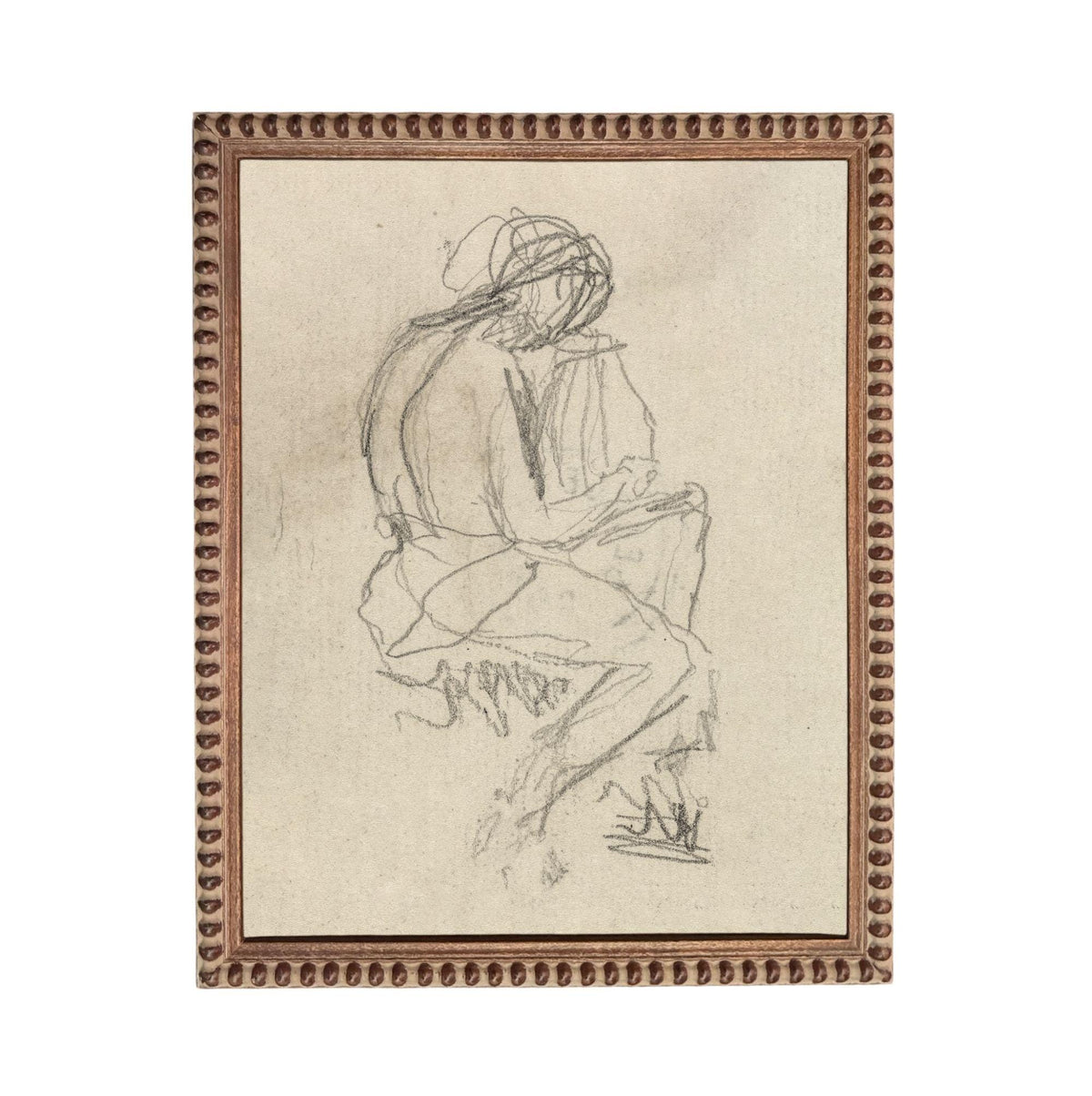 The image is a framed sketch of a seated person, drawn in a loose, sketchy style.