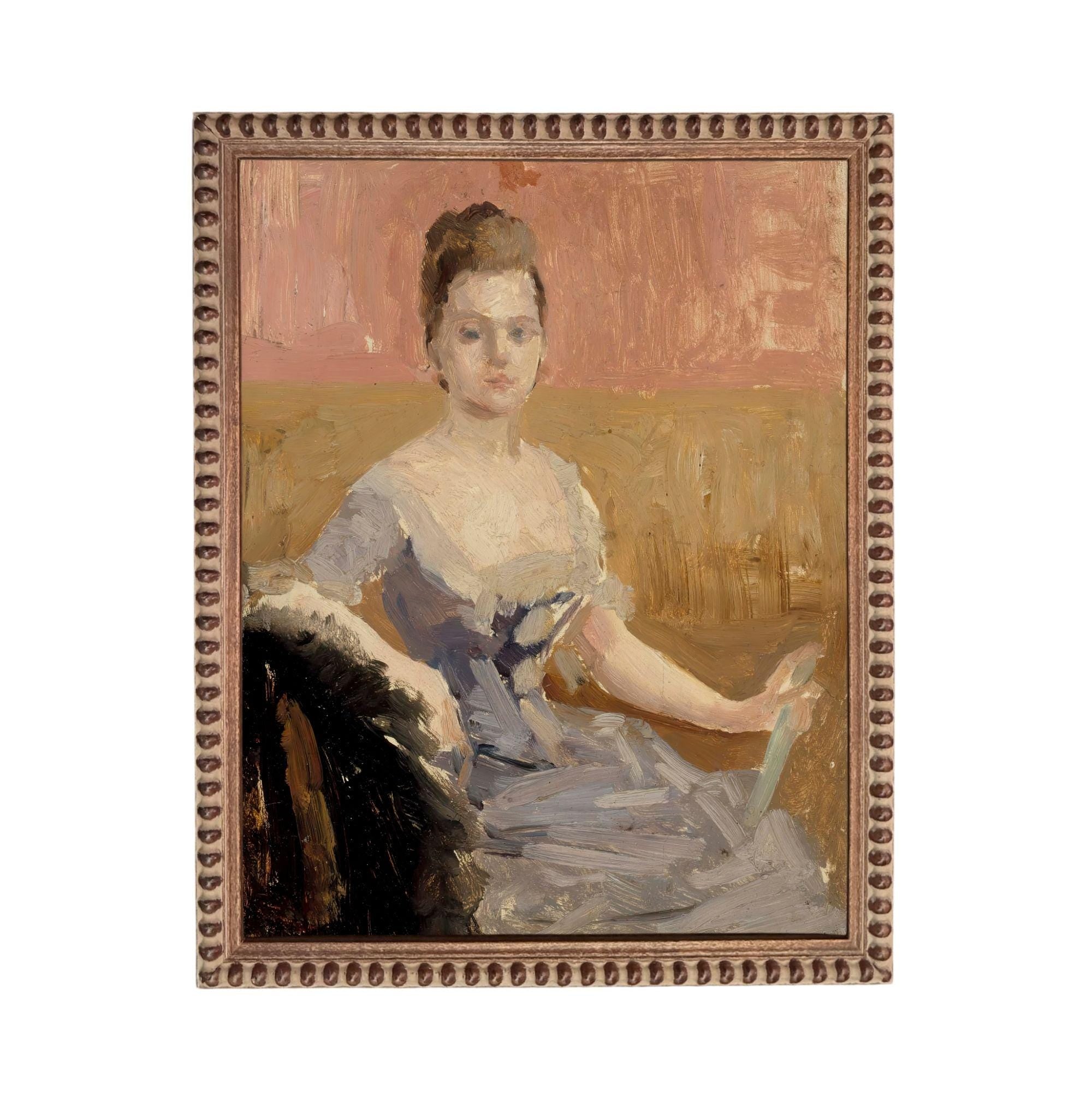 The image is a painting of a woman in a blue dress, sitting in a chair and holding a book.