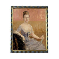 The image is a painting of a woman in a blue dress, sitting in a chair and holding a fan.