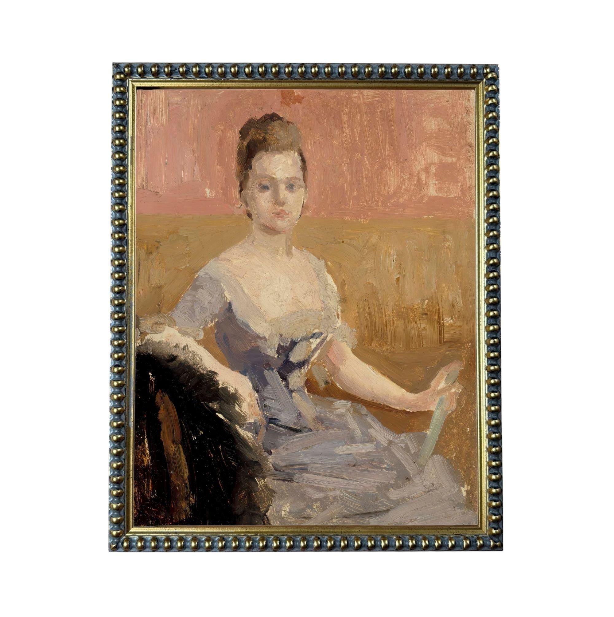 The image is a painting of a woman in a blue dress, sitting in a chair and holding a fan.