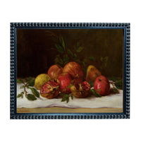 The image is a painting of various fruits, including pomegranates, apples, and oranges, arranged on a white surface.