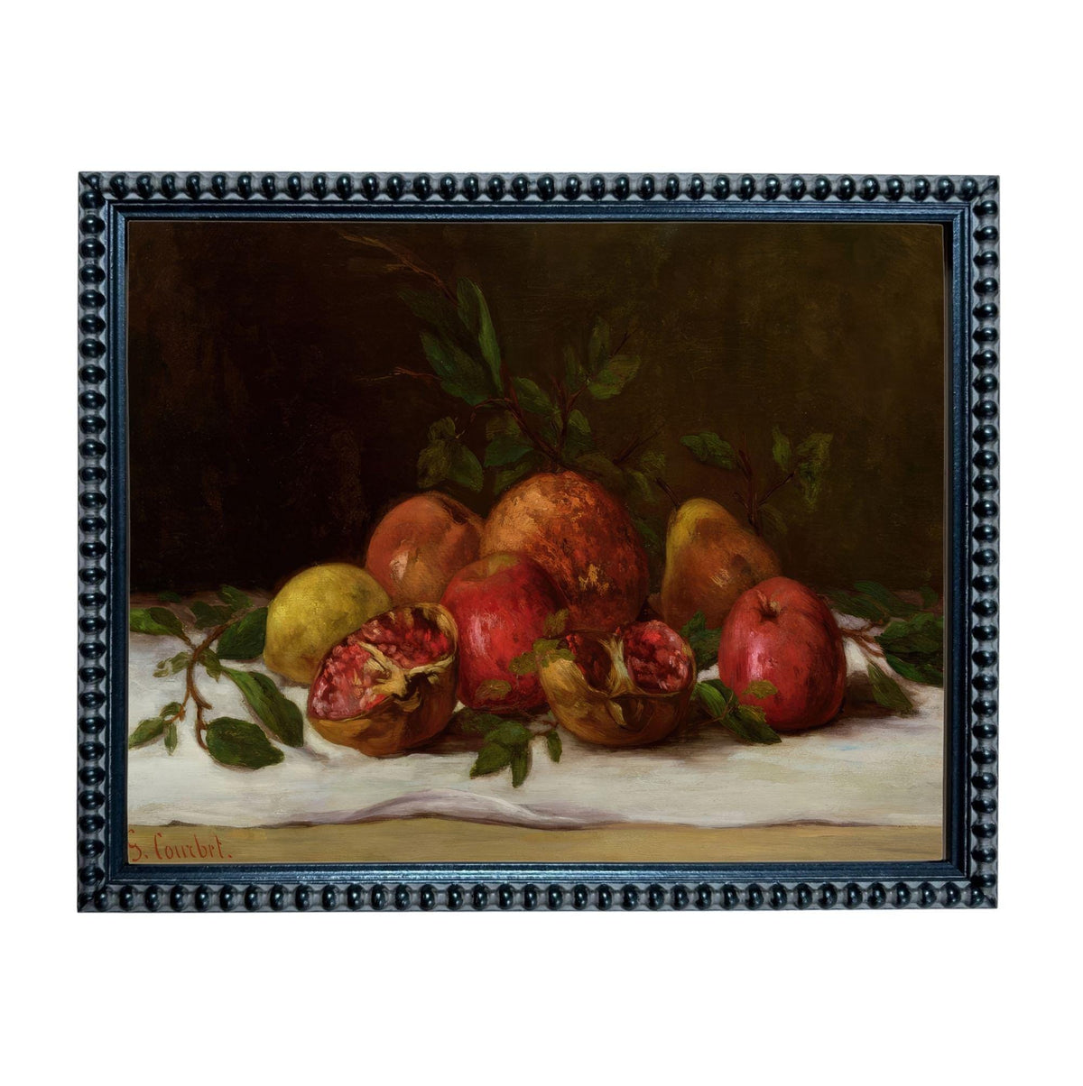 The image is a painting of various fruits, including pomegranates, apples, and oranges, arranged on a white surface.