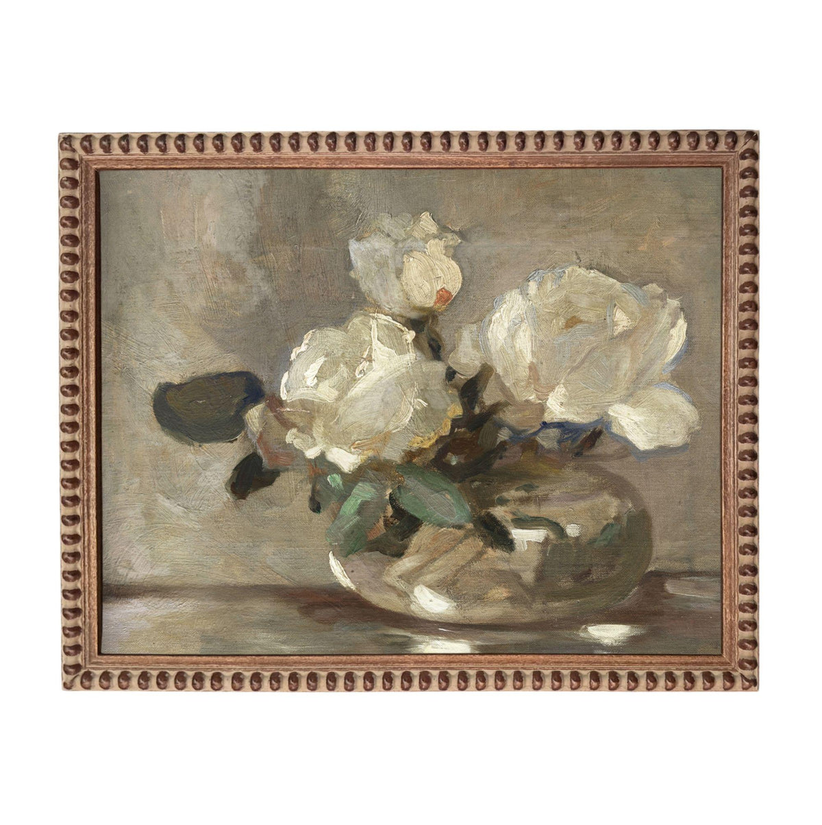 The image is an oil painting depicting a vase filled with white roses.