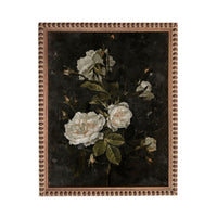 The image is a painting of white roses against a dark background.