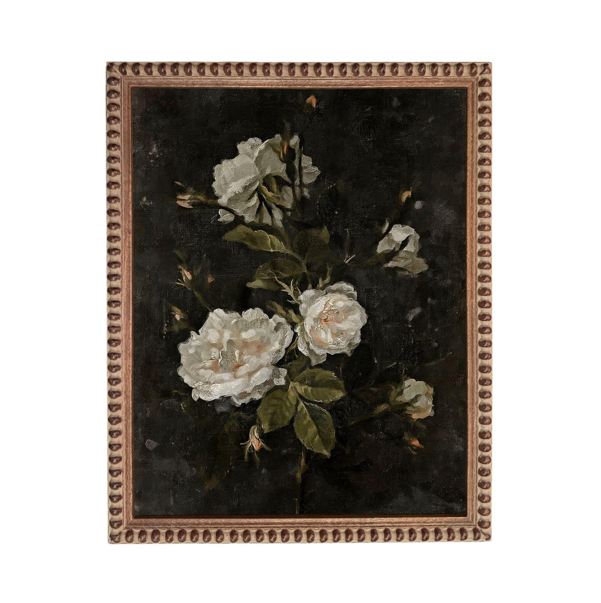 The image is a painting of white roses against a dark background.