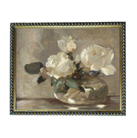 The image is a painting of a vase containing white flowers, likely roses, set against a neutral background.