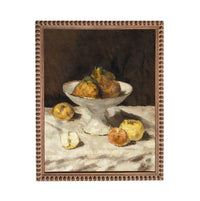 The image is an oil painting depicting a still life arrangement of various fruits, including apples and pears, placed on a table.
