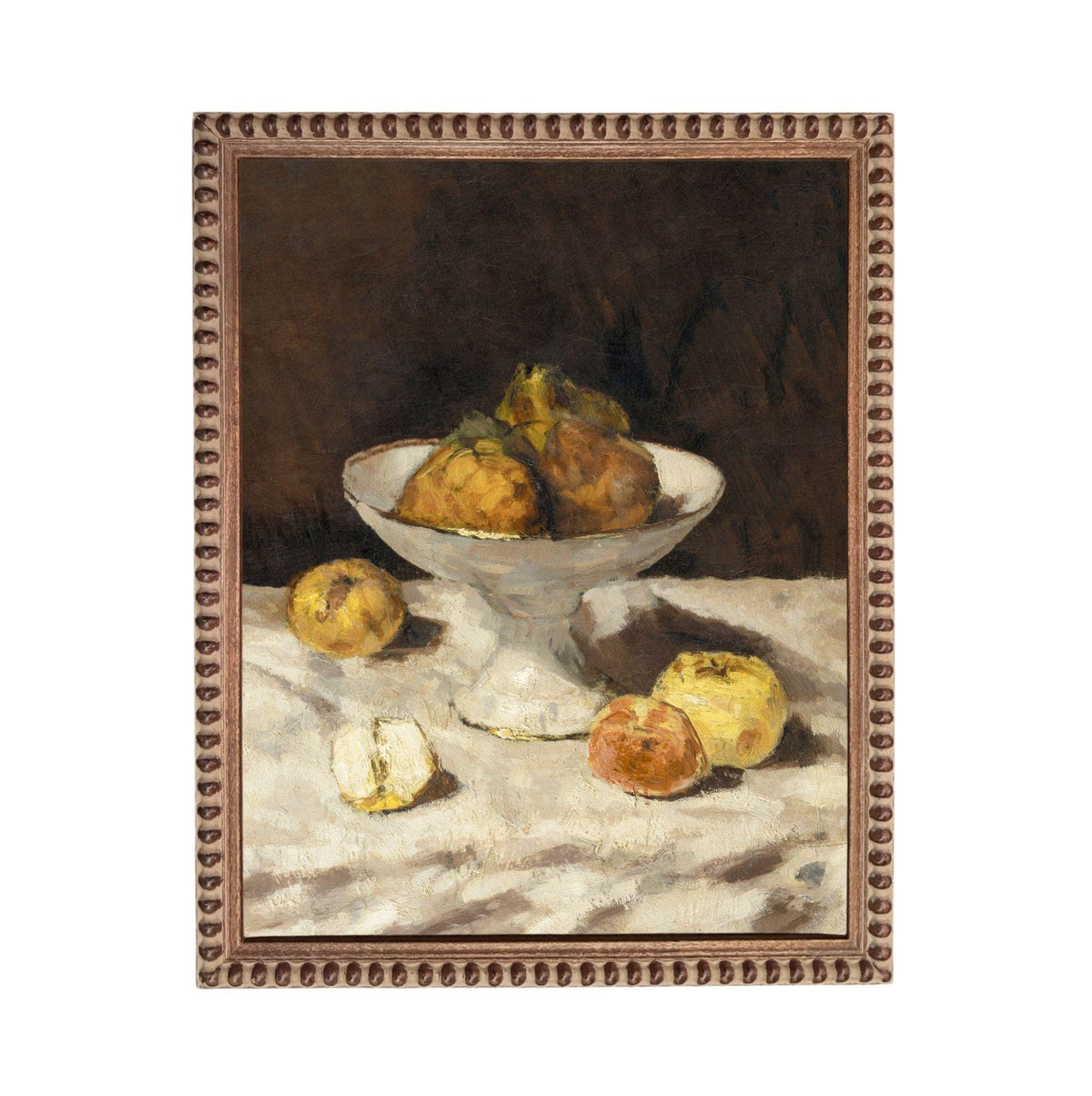 The image is an oil painting depicting a still life arrangement of various fruits, including apples and pears, placed on a table.