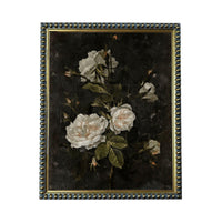 The image is a painting of white roses against a dark background.