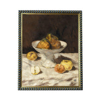 The image is a painting of a white bowl filled with various fruits, including apples and oranges, placed on a table.