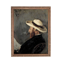 The image is a painting of a man wearing a hat and smoking a cigarette.