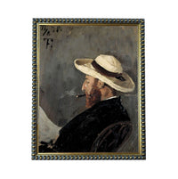 The image is a painting of a man wearing a hat and smoking a cigarette.
