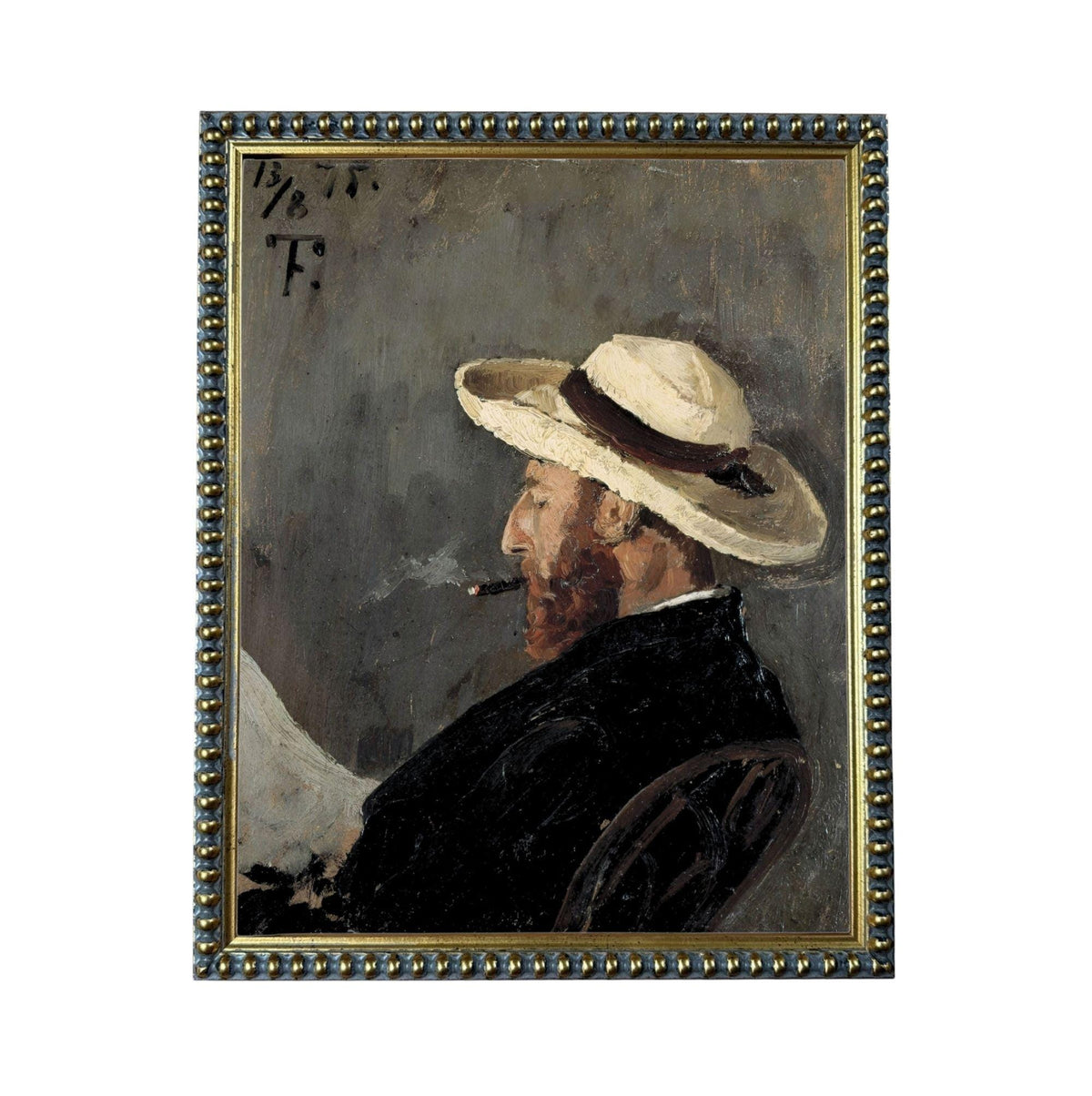 The image is a painting of a man wearing a hat and smoking a cigarette.