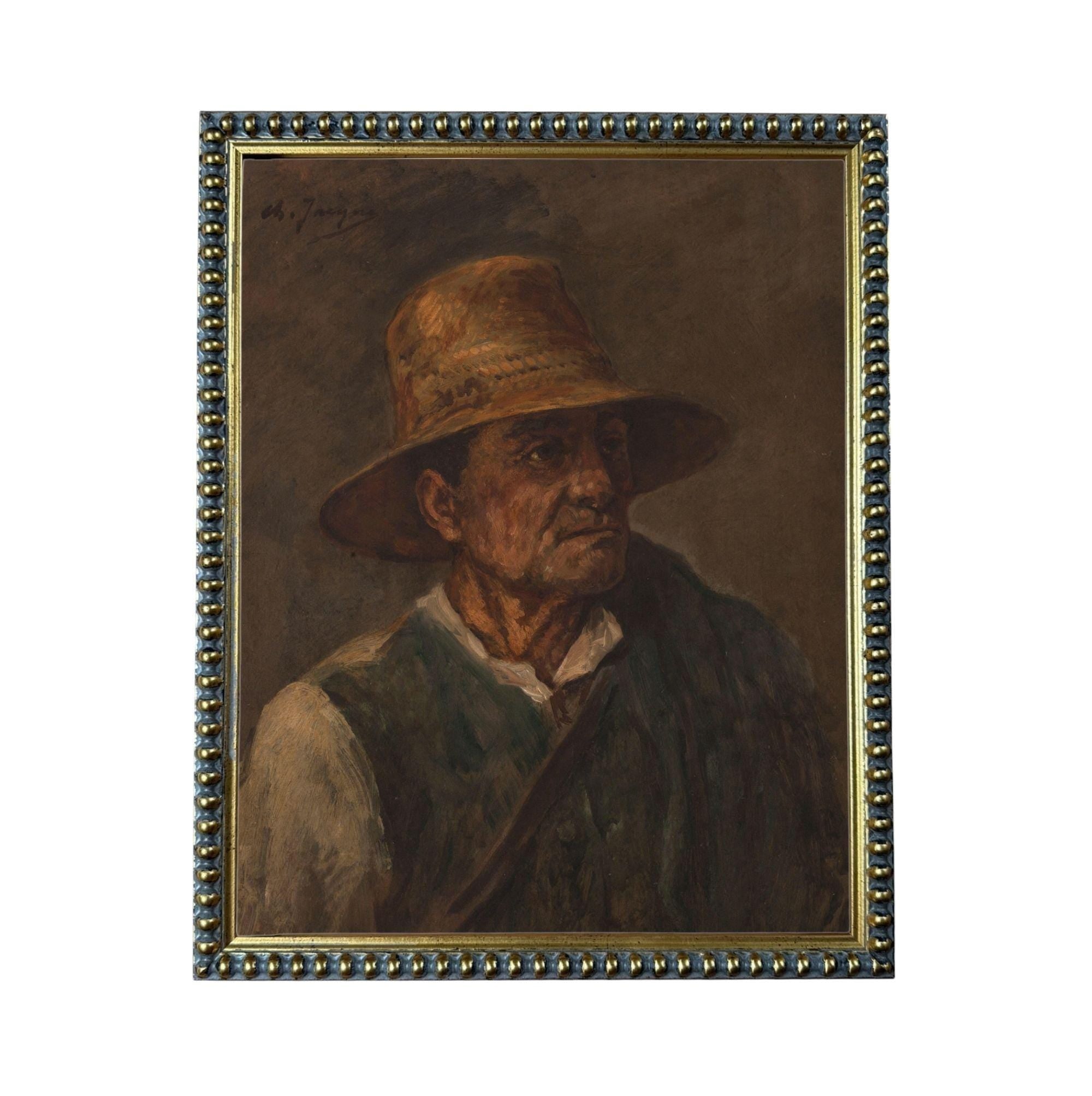 The image is a painting of a man wearing a hat, possibly a straw hat, and a green vest.