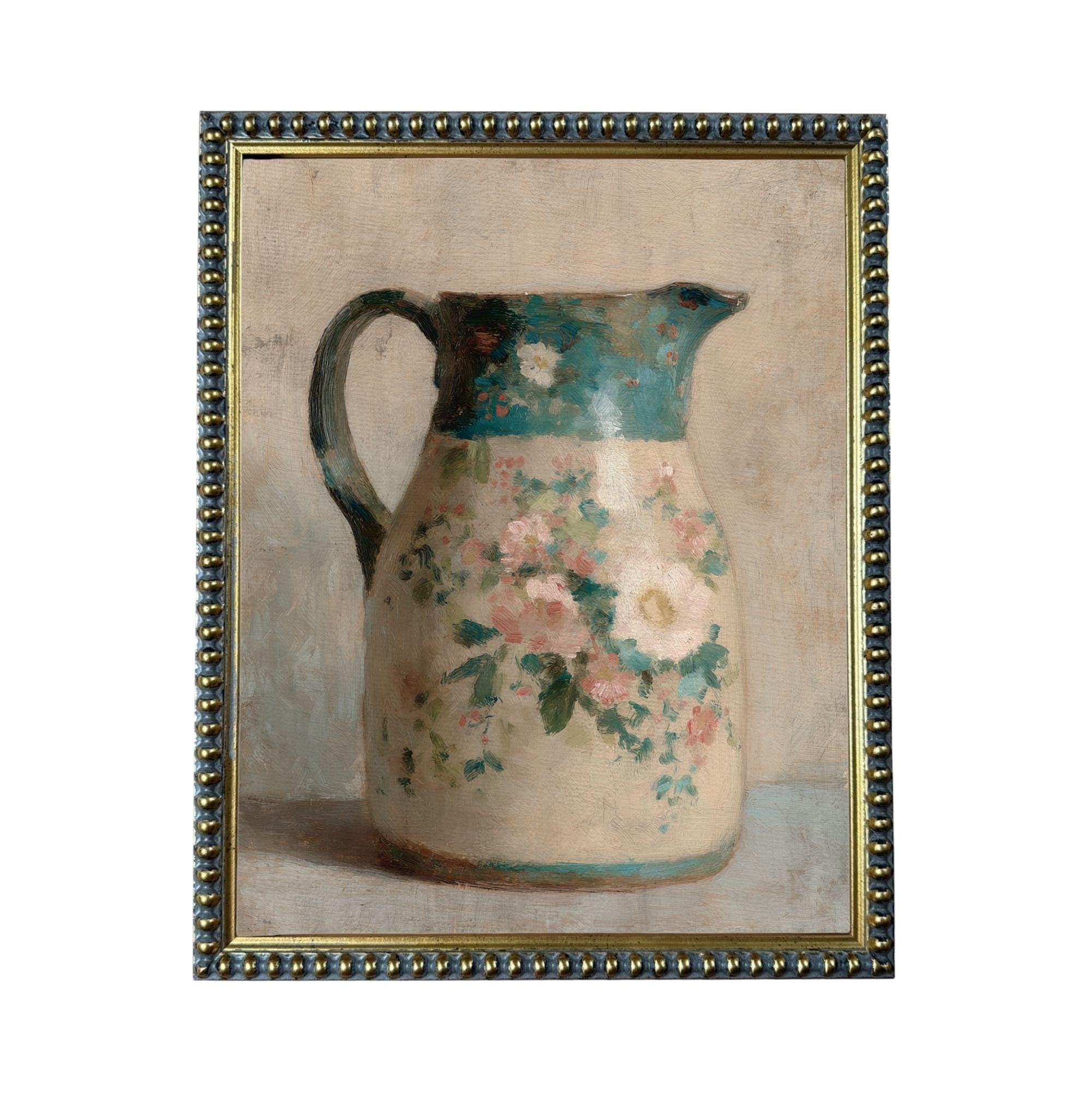 A framed painting depicting a floral-patterned pitcher.