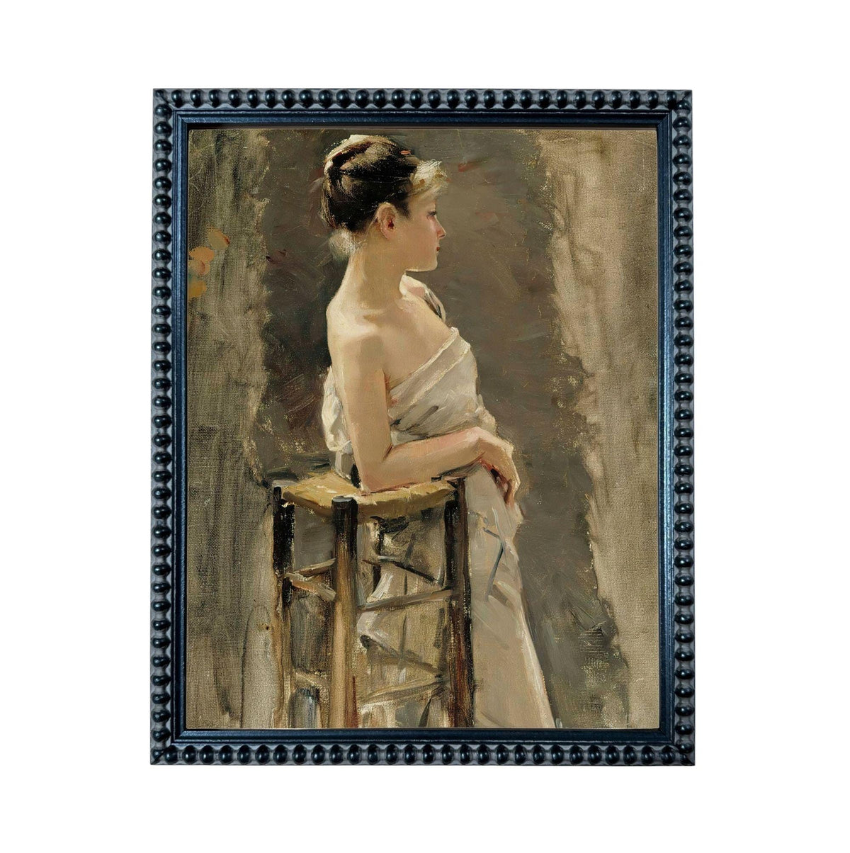 A woman in a white dress is sitting on a wooden stool, looking to the side.
