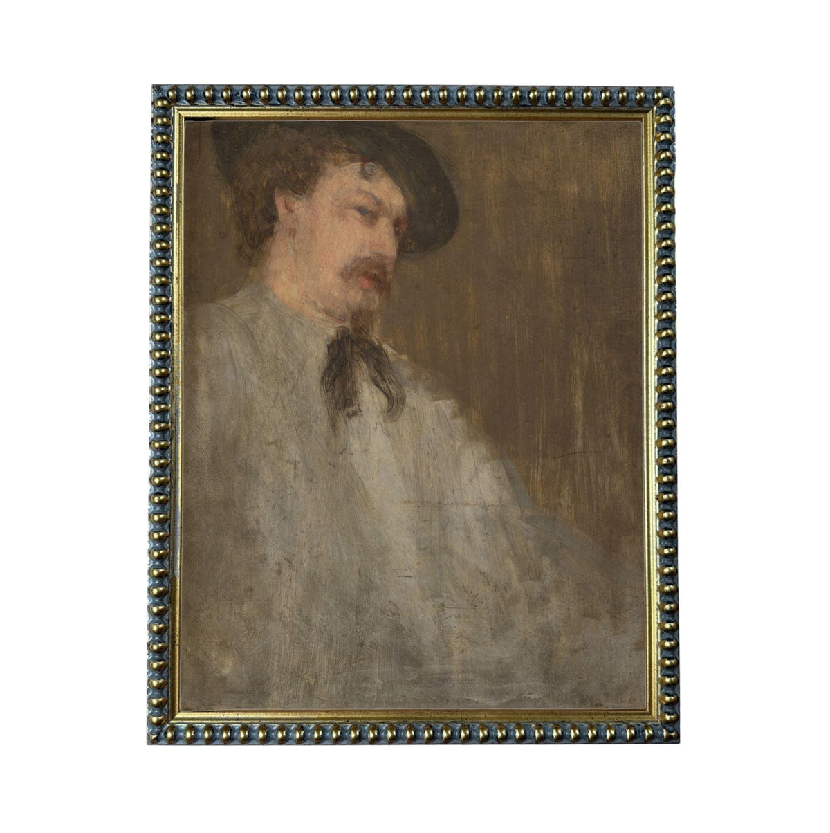The image is a painting of a man wearing a hat and a white shirt, with a serious expression on his face.