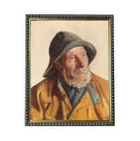 The image is a painting of a man wearing a hat and a yellow coat, with a serious expression on his face.