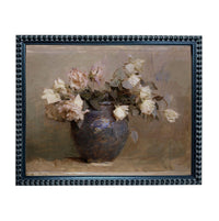 A framed painting depicting a vase filled with white roses against a neutral background.