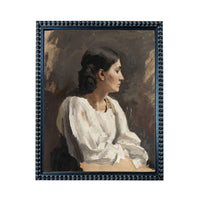 The image is a painting of a woman in profile, wearing a white blouse.