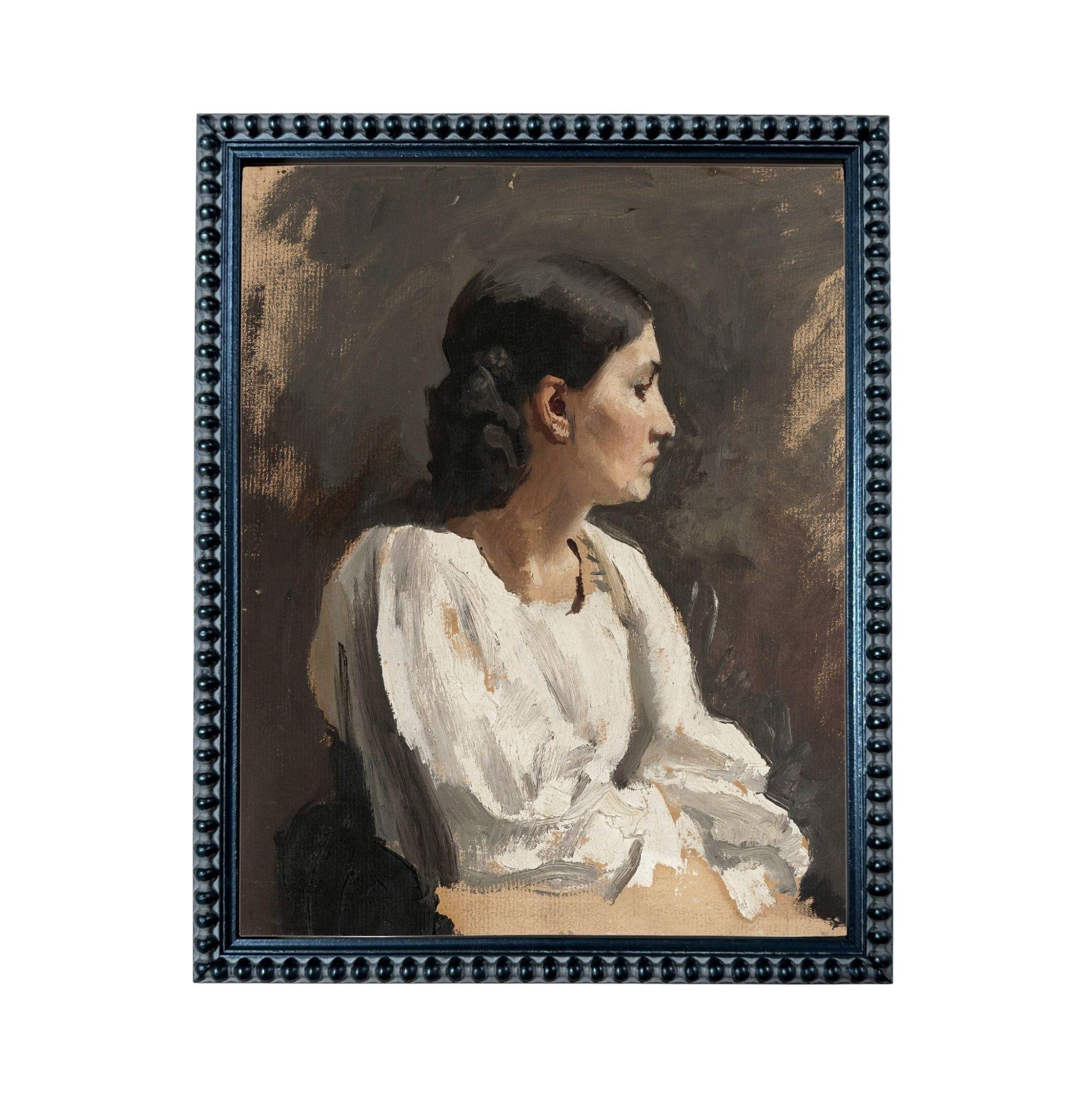 The image is a painting of a woman in profile, wearing a white blouse.