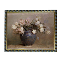 A painting of a vase filled with white roses against a neutral background.