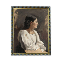 A portrait of a woman in profile, wearing a white blouse, against a dark background.