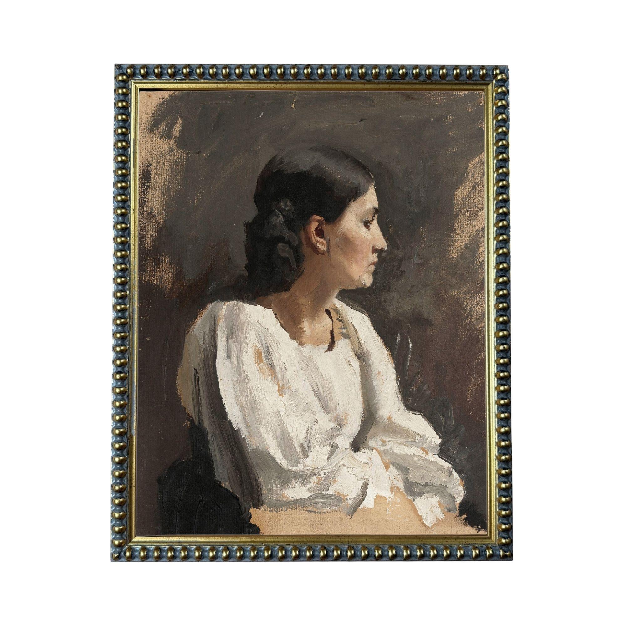 A portrait of a woman in profile, wearing a white blouse, against a dark background.