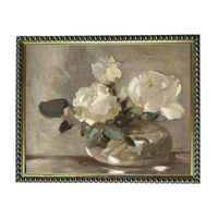 The image is a painting of a vase containing white flowers, likely roses, set against a neutral background.