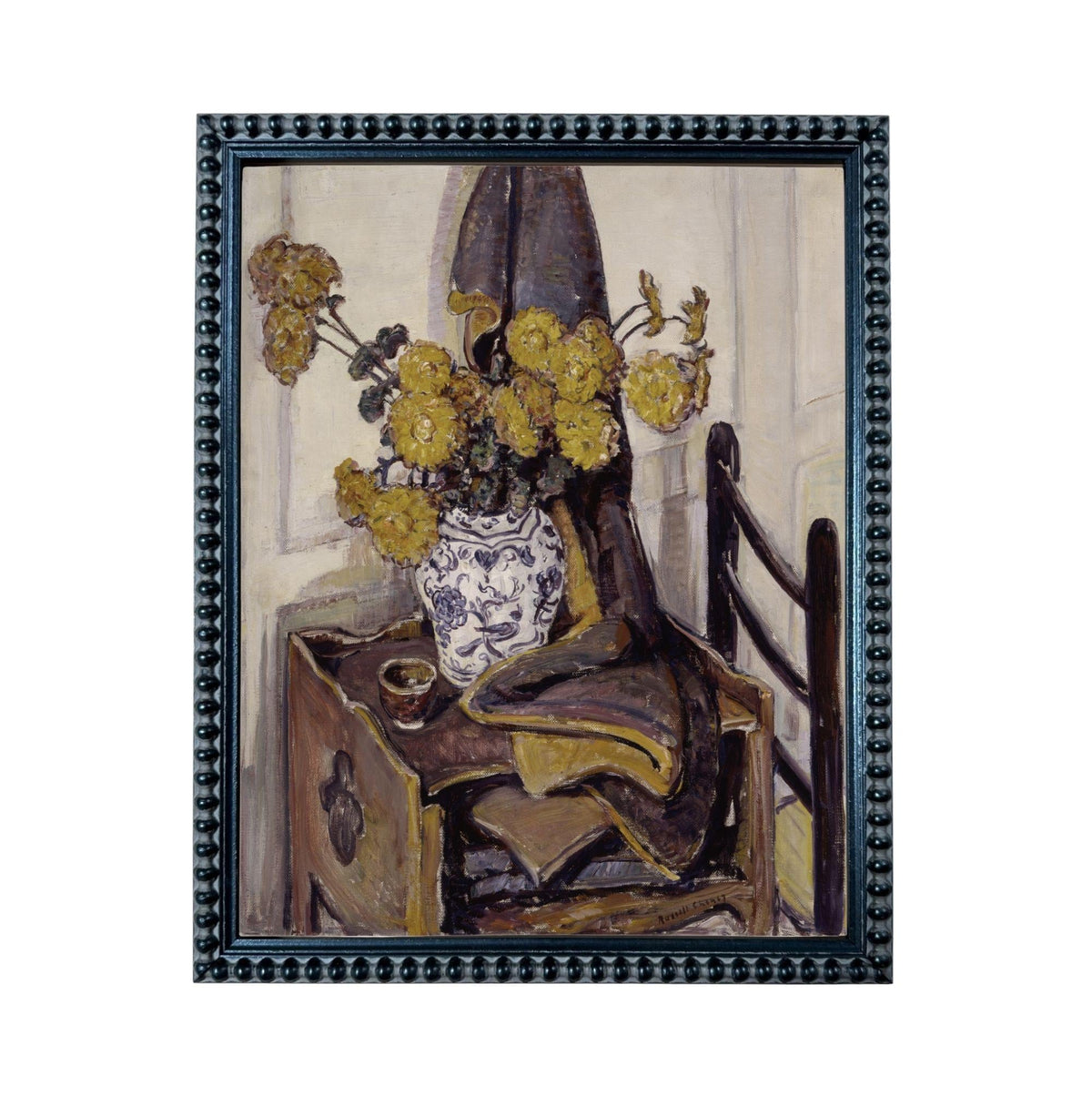The image is a framed painting depicting a vase of yellow flowers on a wooden table, with a black chair visible in the background.