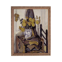 The image is a painting depicting a vase of yellow flowers on a table, with a chair and a decorative cloth in the background.