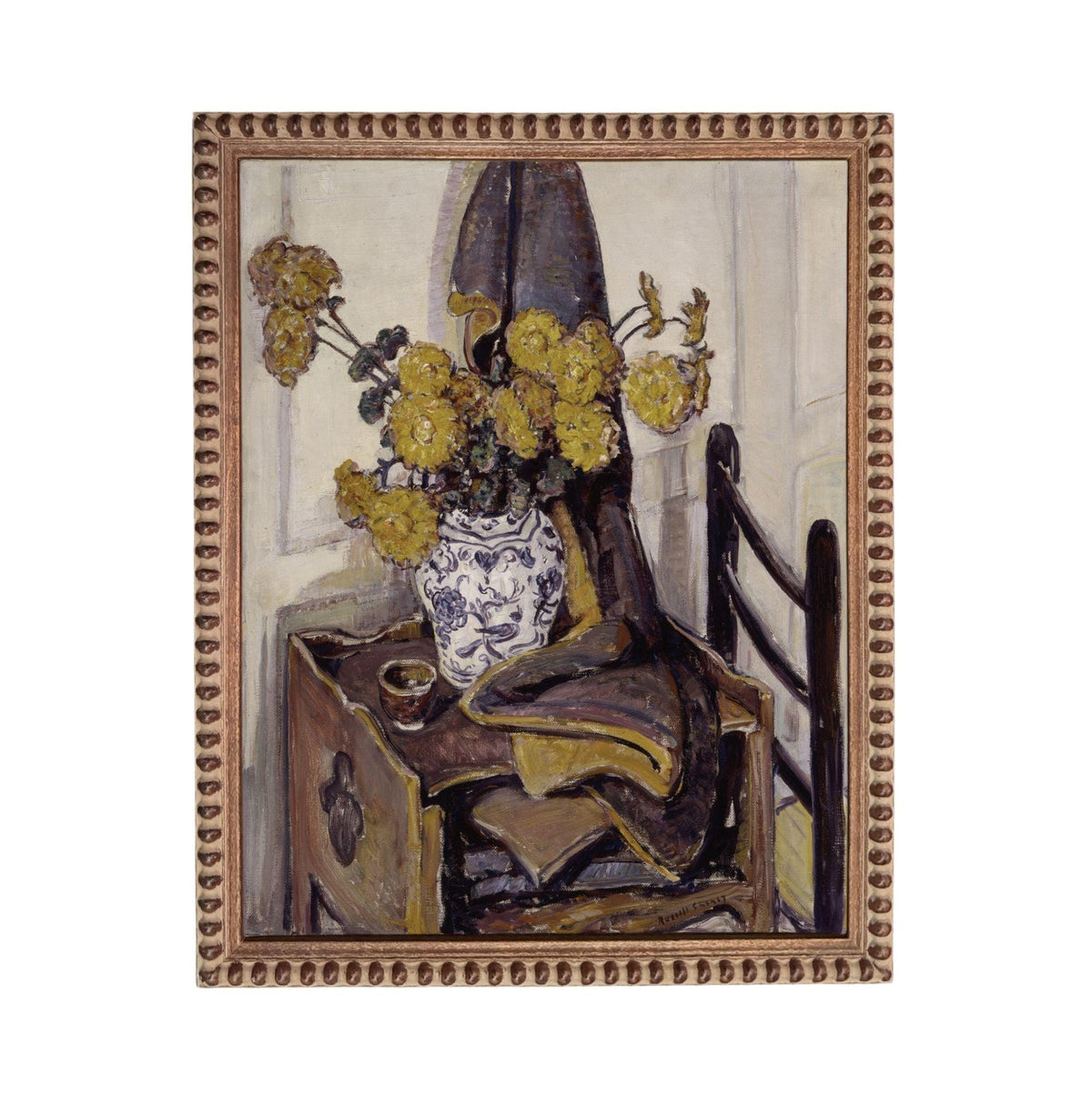The image is a painting depicting a vase of yellow flowers on a table, with a chair and a decorative cloth in the background.