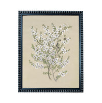 The image is a framed painting depicting a tree with white flowers.