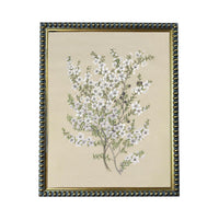 The image is a framed painting depicting a tree with white flowers.