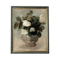 The image is a painting of a vase filled with white flowers, surrounded by green leaves.