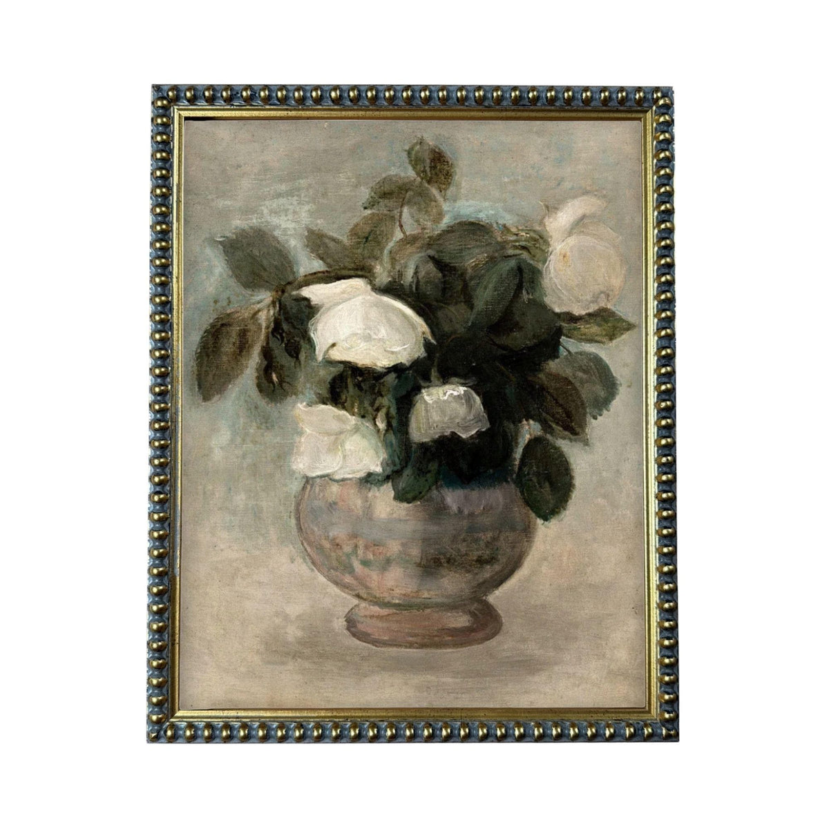 The image is a painting of a vase filled with white flowers, surrounded by green leaves.