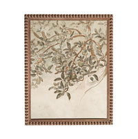 The image is a framed painting depicting a branch with green leaves and small orange fruits.