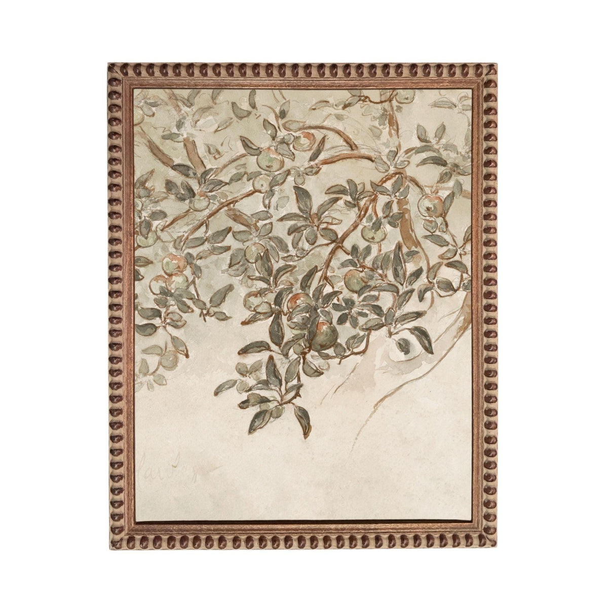 The image is a framed painting depicting a branch with green leaves and small orange fruits.