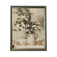The image is a painting of a vase filled with white flowers and three lemons placed on a table.