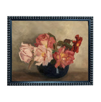 A framed oil painting depicting a vase filled with pink and red roses against a neutral background.