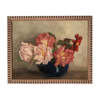 The image is an oil painting depicting a vase filled with pink and red roses.
