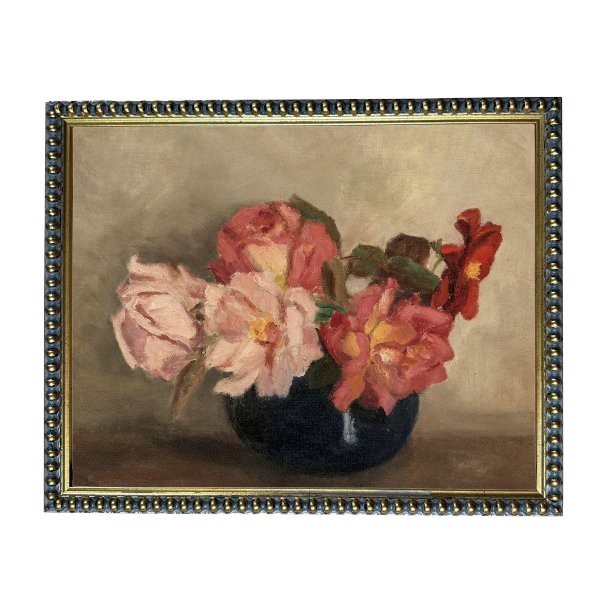 A painting of a vase filled with pink and red roses, set against a neutral background.