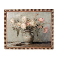 The image is a painting of a vase filled with white and pink flowers, placed on a table.