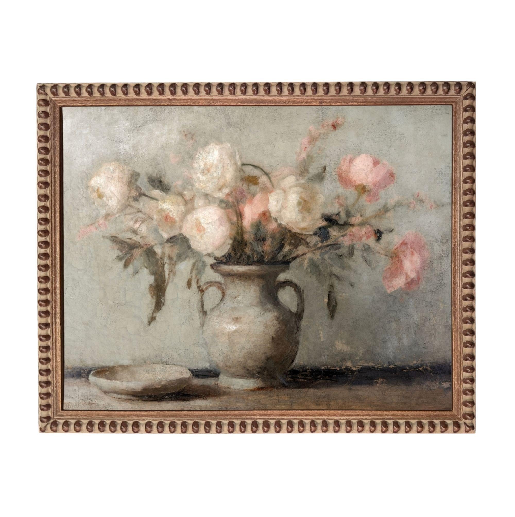 The image is a painting of a vase filled with white and pink flowers, placed on a table.